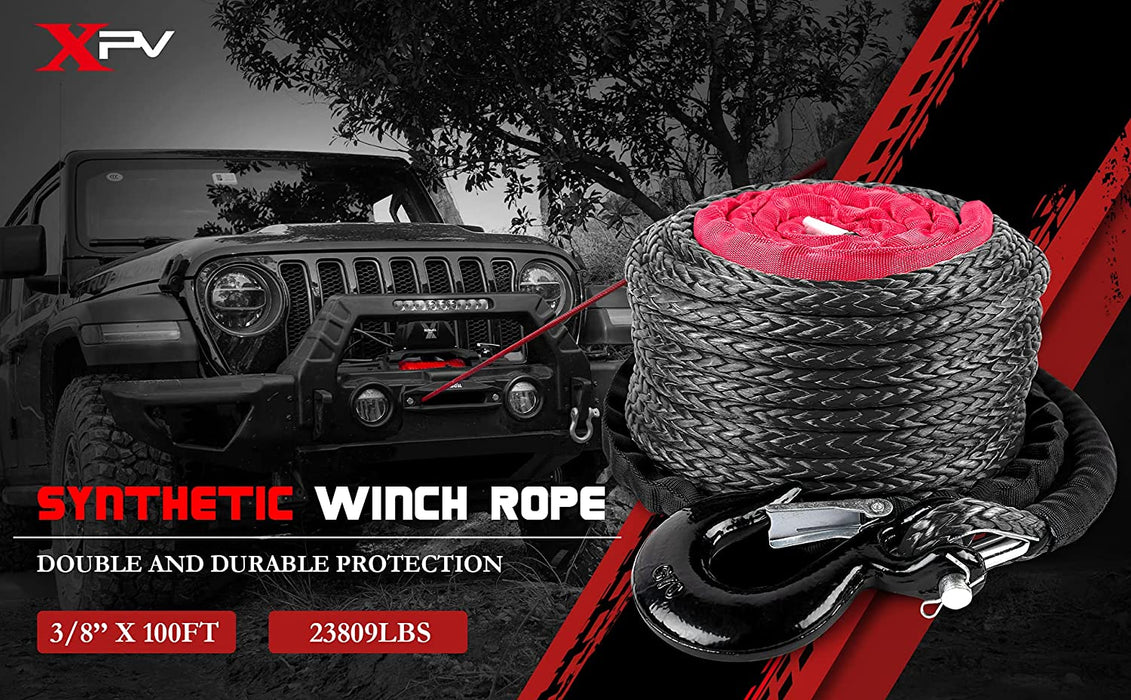 XPV 3/8" X 100Ft Synthetic Winch Rope 23,800Lbs Dyneema Winch Line Cable Rope with Hook Black for Truck 4WD off Road Vehicle Winch Accessory