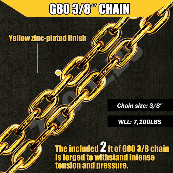 3/8" X 2' V-Type Tow Chain with 15 Inch J-Hooks and Grab Hooks, G80 Steel Towing Chain Bridle, Yellow Zinc Plated Tractor Car Wrecker Truck Tie, 7,100 Lbs Safe Working Load