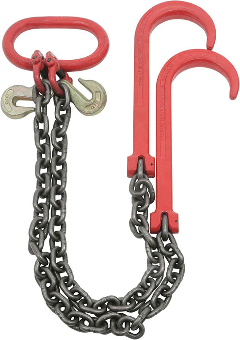 3/8" X 3' Leg G80 V Bridle Tow Chain W/Two 15" J-Hook & Eye Cradle Grab Hook - 7100 LBS WLL Long Shank J Hook Transport Tow Truck Chain for Car Towing Wrecker Recovery