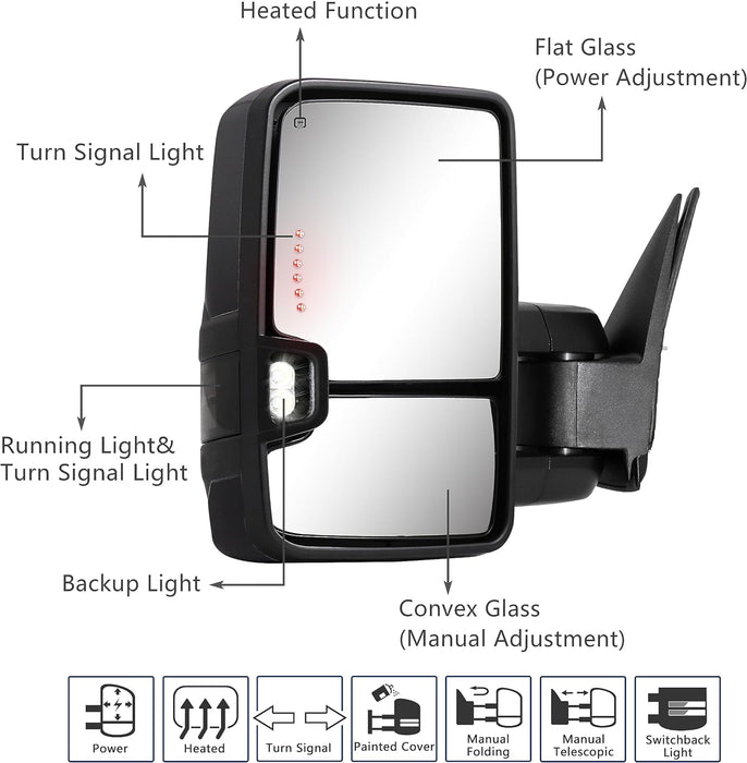 Switchback Towing Mirror Compatible with 2003-2007 Chevy Silverado GMC Sierra Tow Mirrors with Power Adjusted Heated Glass Running Light&Turn Signal Light Backup Lamp Black (Painted Black 8555)