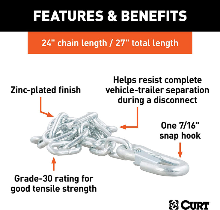 80313 27-Inch Trailer Safety Chain with 7/16-In Snap Hook, 5,000 Lbs Break Strength