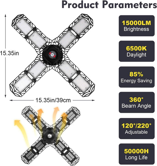 2 Pack LED Garage Light,Super Bright Screw in E26/E27 Ceiling Shop Work Lamp, 150W 15000 Lumen Deformable Basement Bulb Fixture with 8 Adjustable Panels.