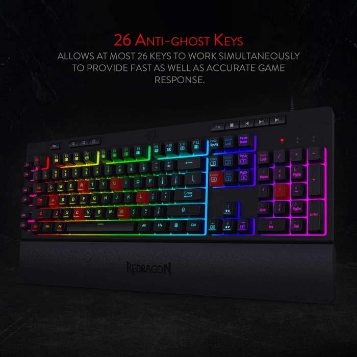 K512 Shiva RGB Backlit Membrane Gaming Keyboard with Multimedia Keys, Linear Mechanical-Feel Switch, 6 Extra On-Board Macro Keys, Dedicated Media Control, Detachable Wrist Rest