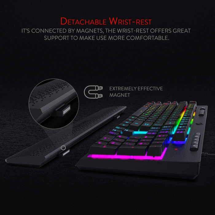 K512 Shiva RGB Backlit Membrane Gaming Keyboard with Multimedia Keys, Linear Mechanical-Feel Switch, 6 Extra On-Board Macro Keys, Dedicated Media Control, Detachable Wrist Rest