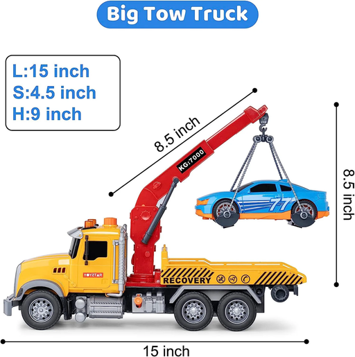 Big Tow Trucks Toy Trucks with Hook and Car for Boys Pull Back Truck Toys with Light and Sound for Kids (1:18 Plastic Tow Truck)