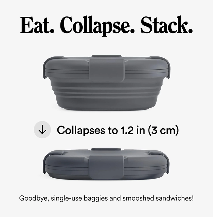 Collapsible Sandwich Box - Carbon Grey, 24Oz - Reusable Food Storage Container - To-Go Travel Silicone Bowl for Hot and Cold Food - for Meal Prep, Lunch, Camping and Hiking - Dishwasher Safe