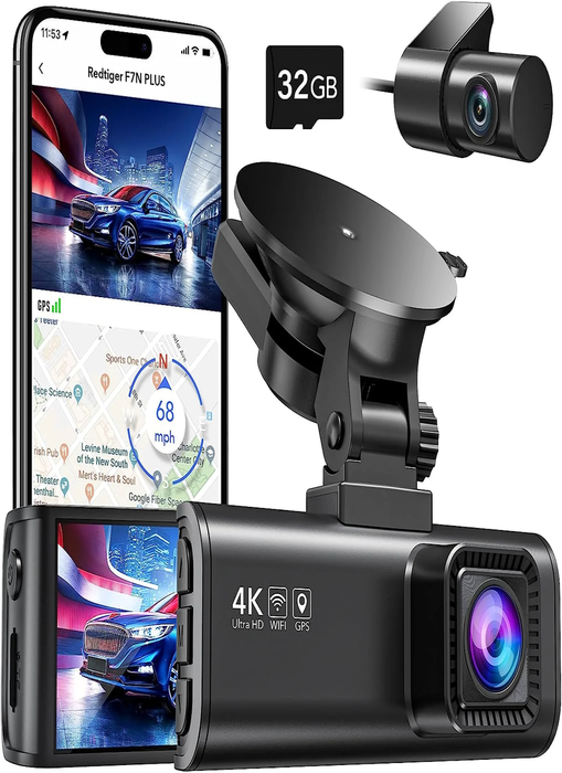 Dash Cam Front Rear, 4K/2.5K Full HD Dash Camera for Cars, Free 32GB Card, Built-In Wi-Fi GPS, 3.16” IPS Screen, Night Vision, 170°Wide Angle, WDR, 24H Parking Mode