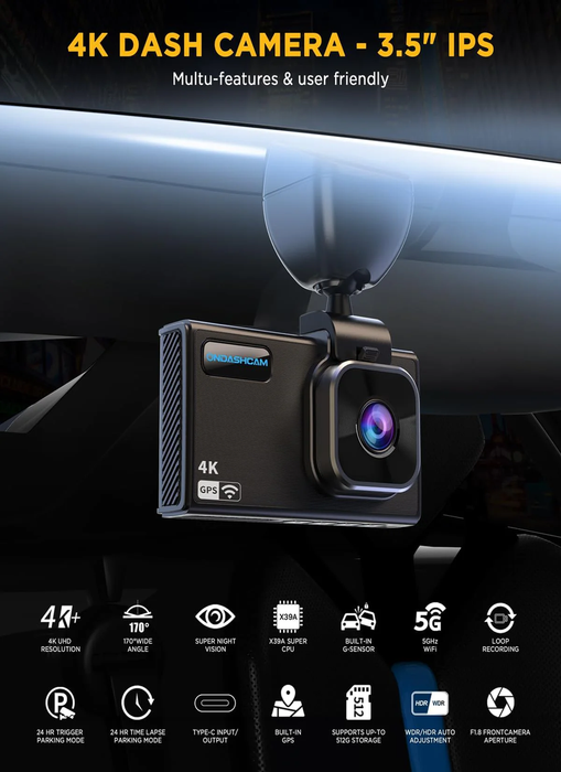 4K Dash Cam with Built-In Wifi GPS, 2160P UHD Dash Camera for Cars, 3.5" IPS Dashcam for Cars with 32GB Card, 170° Wide Angle, WDR, Night Vision, G-Sensor, Parking Mode