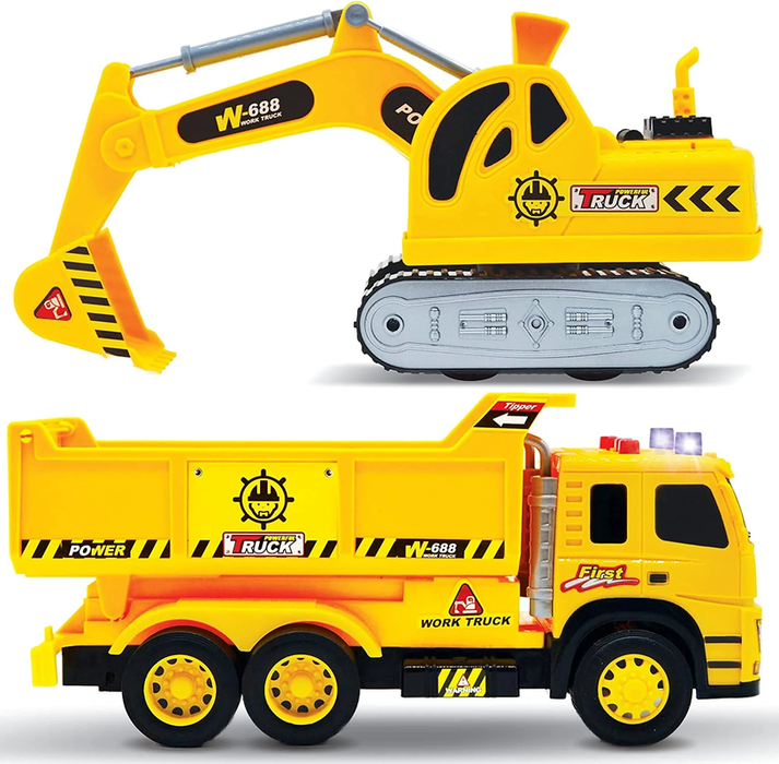 2 Pack Construction Toy Trucks - 1:12 SCALE Dump Truck + Excavator Truck with Lights and Sounds, Push and Go Realistic Big Truck Toy, Construction Vehicle Excavator Toy for Boys Ages 3, 4, 5, 6, 7, 8+