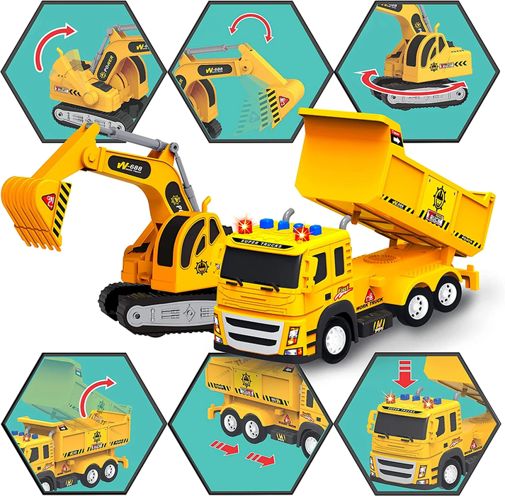 2 Pack Construction Toy Trucks - 1:12 SCALE Dump Truck + Excavator Truck with Lights and Sounds, Push and Go Realistic Big Truck Toy, Construction Vehicle Excavator Toy for Boys Ages 3, 4, 5, 6, 7, 8+