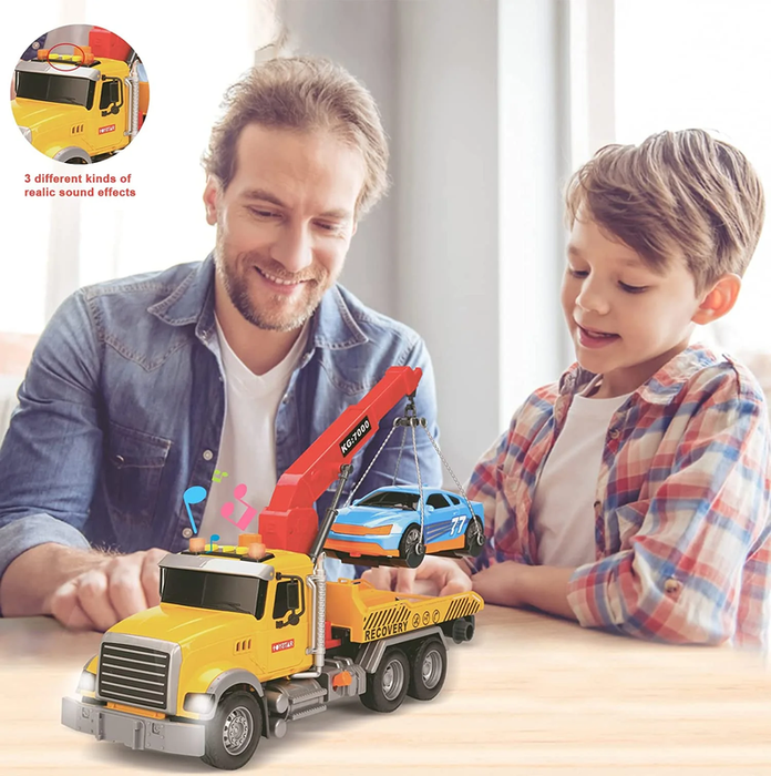 Big Tow Trucks Toy Trucks with Hook and Car for Boys Pull Back Truck Toys with Light and Sound for Kids (1:18 Plastic Tow Truck)