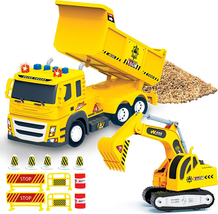 2 Pack Construction Toy Trucks - 1:12 SCALE Dump Truck + Excavator Truck with Lights and Sounds, Push and Go Realistic Big Truck Toy, Construction Vehicle Excavator Toy for Boys Ages 3, 4, 5, 6, 7, 8+