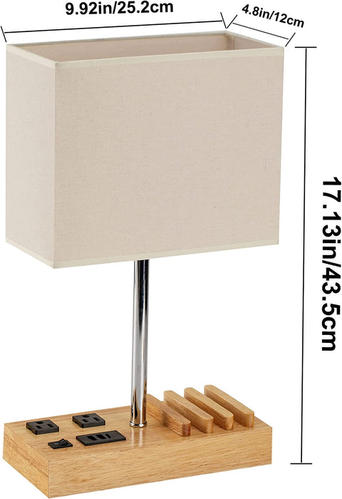 Desk Lamp with 3 USB Charging Ports, Table Lamp with 2AC Outlets and 3 Phone Stands, Nightstand Bedside Lamp with Natural Wooden Base and Cream Linen Shade