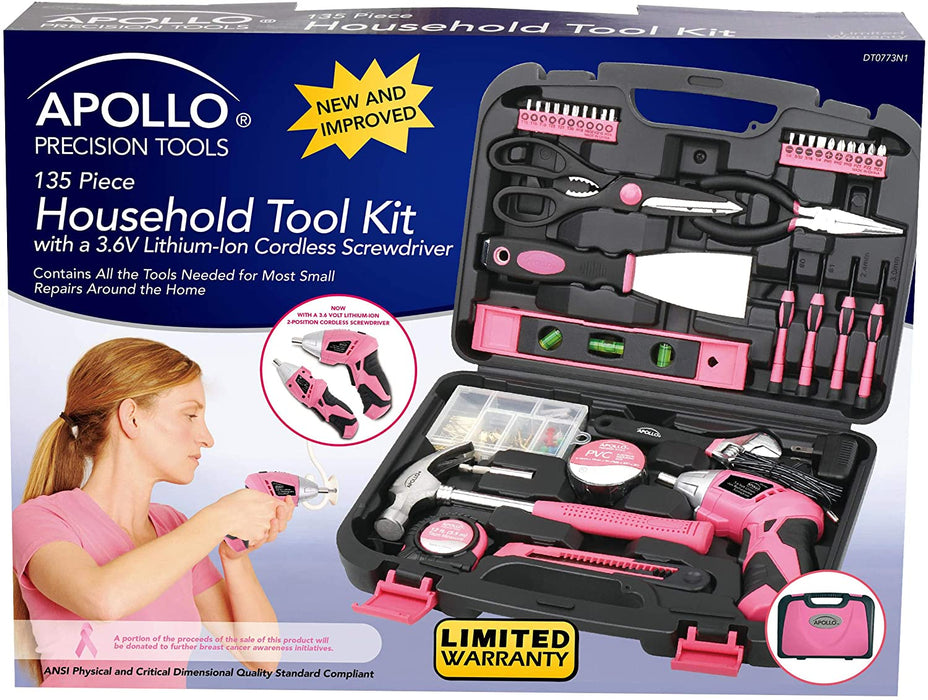 135 Piece Household Tool Kit Pink with Pivoting Dual-Angle 3.6 V Lithium-Ion Cordless Screwdriver - DT0773N1