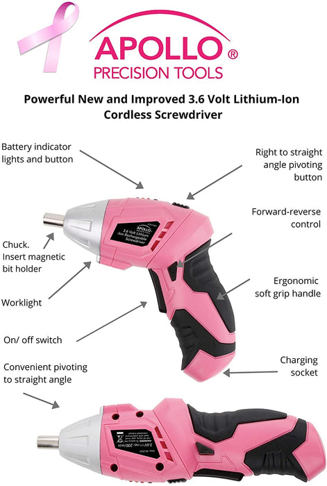 135 Piece Household Tool Kit Pink with Pivoting Dual-Angle 3.6 V Lithium-Ion Cordless Screwdriver - DT0773N1