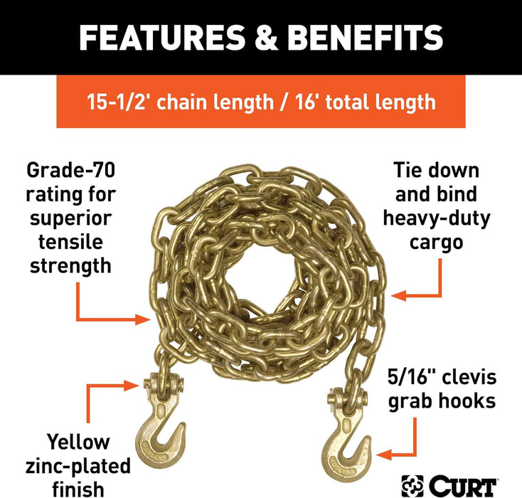 80306 16-Foot Transport Binder Chain, 5/16-Inch Clevis Hooks, 18,800 Lbs Break Strength, Load Tie-Down, Trailer, Flatbed