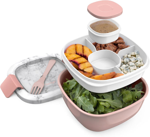 ® All-In-One Salad Container - Large Salad Bowl, Bento Box Tray, Leak-Proof Sauce Container, Airtight Lid, & Fork for Healthy Adult Lunches; Bpa-Free & Dishwasher/Microwave Safe (Blush Marble)