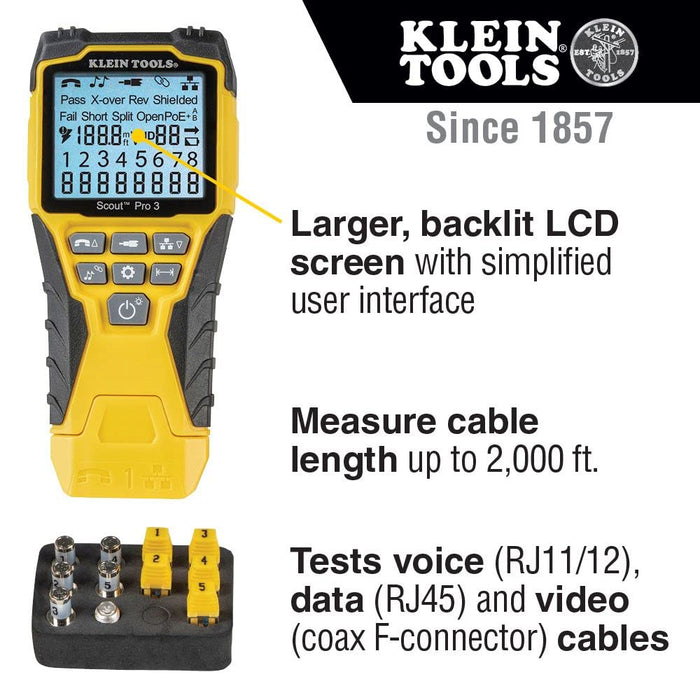 VDV501-851 Cable Tester Kit with Scout Pro 3 for Ethernet / Data, Coax / Video and Phone Cables, 5 Locator Remotes, Yellow