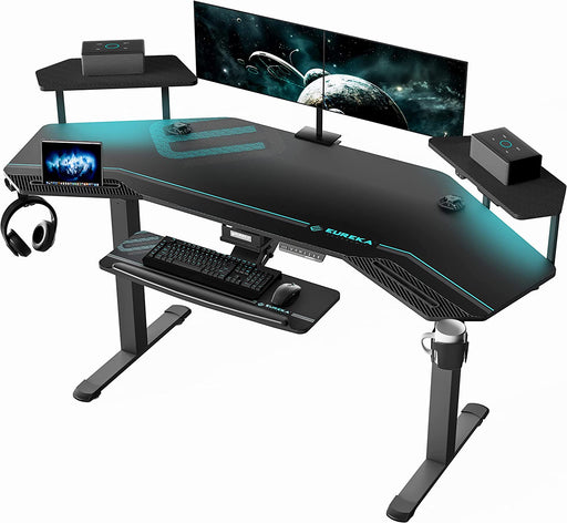 Gaming Desk, Standing Desk Keyboard Tray, 72" Wing Shaped Music Studio Desk Electric Adjustable Height Desk Sit Stand Desk with LED Shelves, Gaming Recording Live Stream, Slot Design