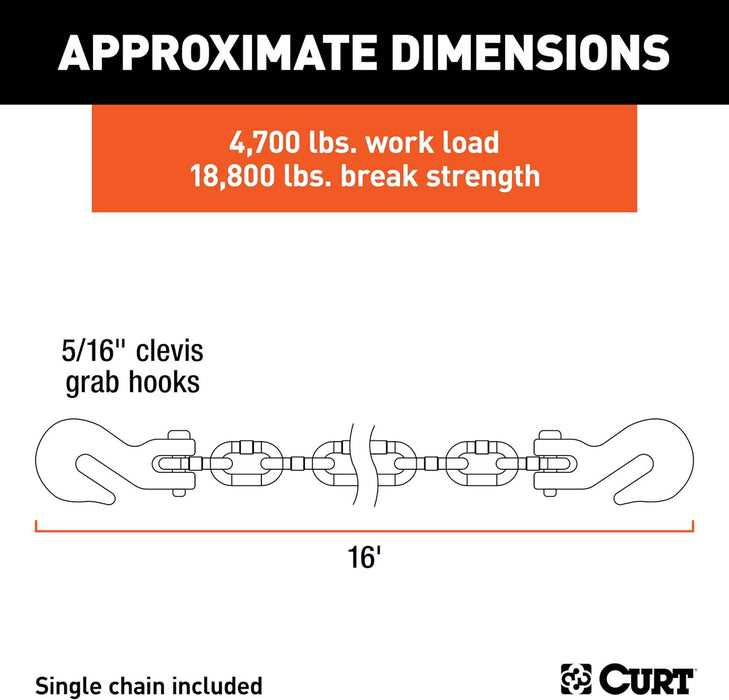 80306 16-Foot Transport Binder Chain, 5/16-Inch Clevis Hooks, 18,800 Lbs Break Strength, Load Tie-Down, Trailer, Flatbed