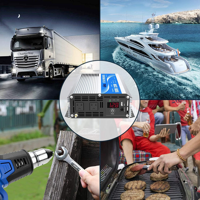 1600Watt Power Inverter Modified Wave DC 12Volt to AC 120Volt with Remote Control & LED Display and 2.4A USB Port for Trucks Boats RV & Emergency