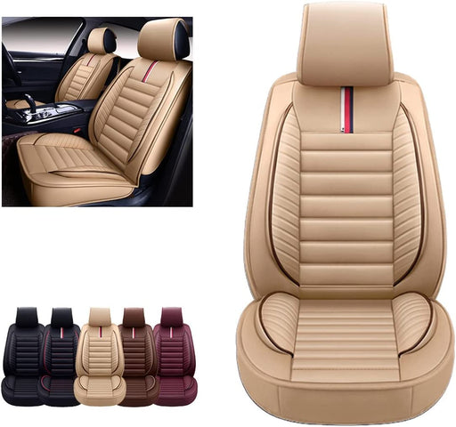 Car Seat Covers Accessories 2 Piece Front Premium Nappa Leather Cushion Protector Universal Fit for Most Cars SUV Pick-Up Truck, Automotive Vehicle Auto Interior Décor (OS-001 Tan)