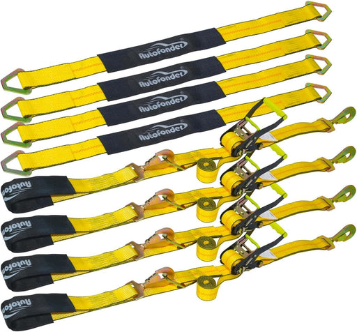 4 Pack 2” Heavy Duty Car Ratchet Tie down Kit with Snap Hooks-Break Strength 10,000Lbs-Working Load 3,333Lbs-Includes 36” Axle Straps with D-Ring(Yellow)