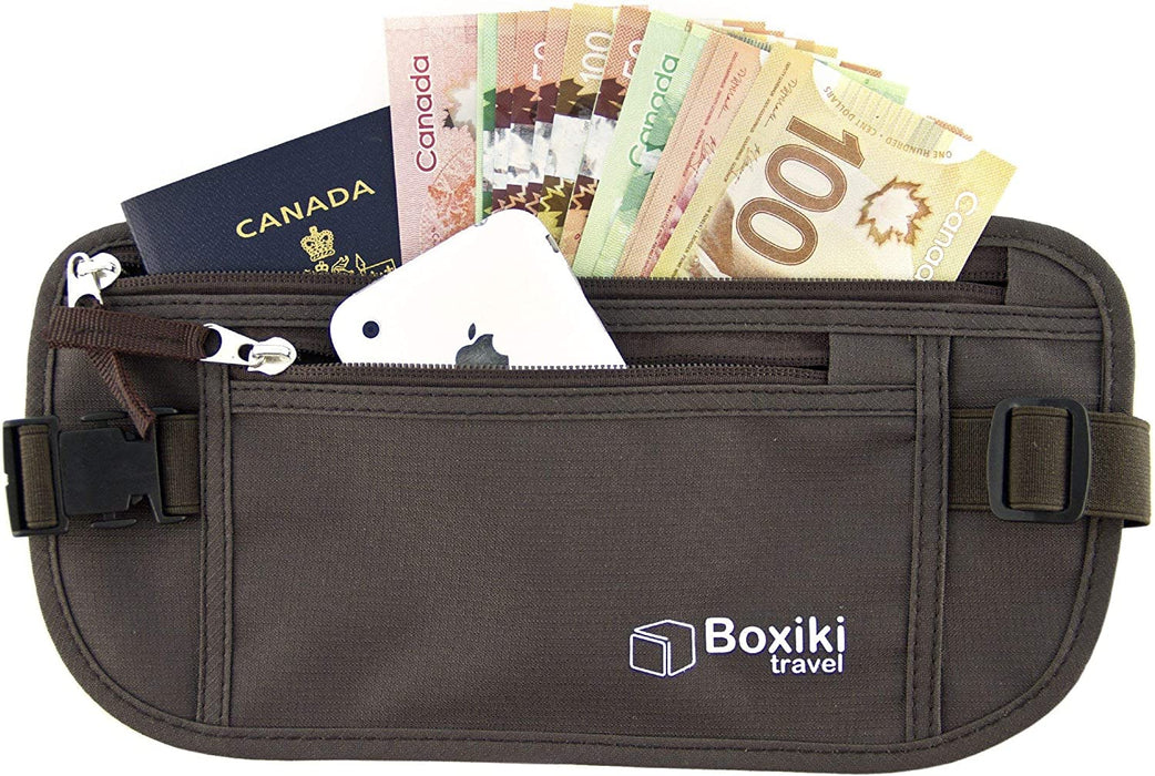 Money Belt - RFID Blocking Money Belt and Safe Waist Bag, Secure Fanny Pack for Men and Women, Fits Passport, Wallet, Phone and Personal Items. Running Belt, Waist Pack (Brown)