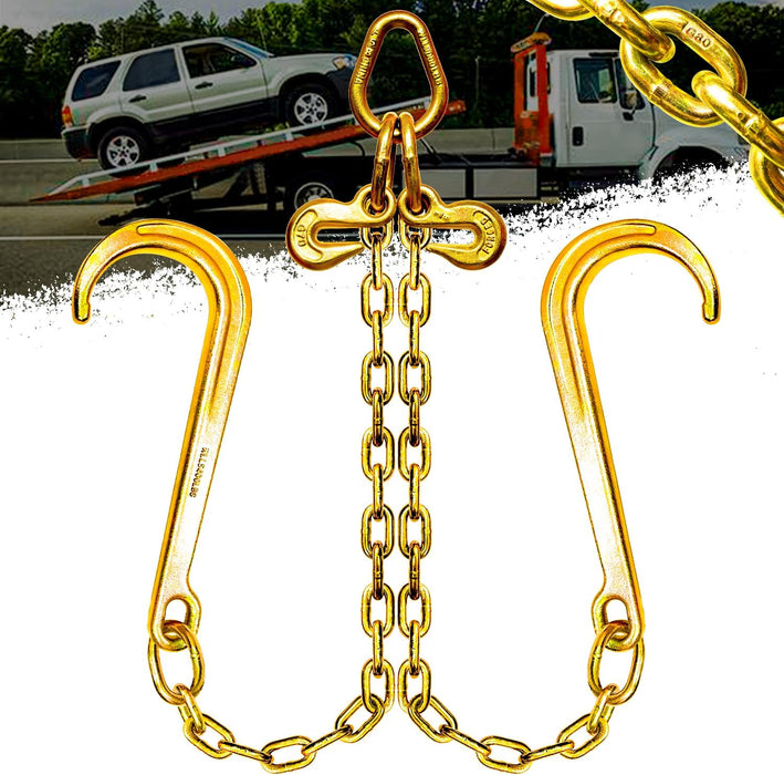 3/8" X 2' V-Type Tow Chain with 15 Inch J-Hooks and Grab Hooks, G80 Steel Towing Chain Bridle, Yellow Zinc Plated Tractor Car Wrecker Truck Tie, 7,100 Lbs Safe Working Load