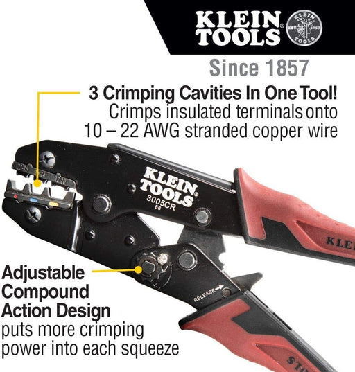 3005CR Wire Crimper Tool, Ratcheting Insulated Terminal Crimper for 10 to 22 AWG Wire