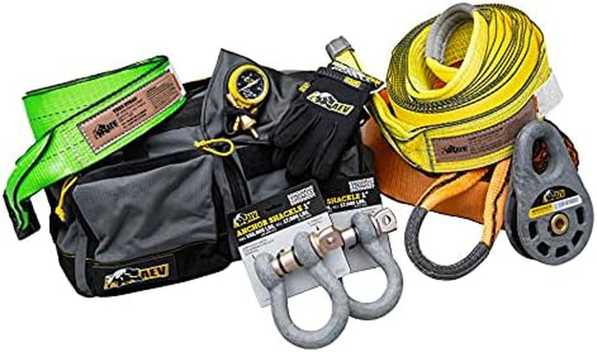 AEV Full-Size Trail Recovery Kit for Full Size Trucks and Suvs Includes 4" Recovery Strap + 4" Winch Extension Strap + Tire Delfator + Snatch Block + Tree Strap + 1" Anchor Shackles + More