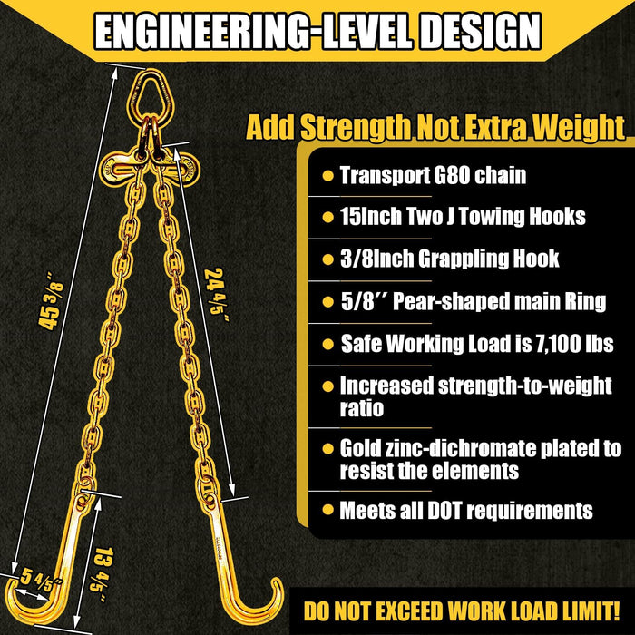 3/8" X 2' V-Type Tow Chain with 15 Inch J-Hooks and Grab Hooks, G80 Steel Towing Chain Bridle, Yellow Zinc Plated Tractor Car Wrecker Truck Tie, 7,100 Lbs Safe Working Load