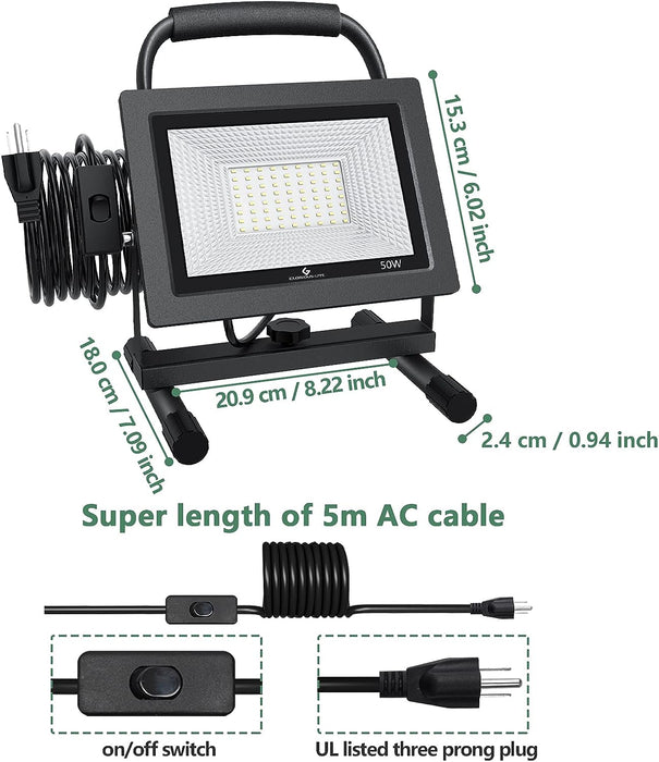 50W LED Work Light, 5000LM LED Flood Lights, 400W Equivalent, IP66 Waterproof, 16Ft 5M Cord with Plug, 6500K, Adjustable Working Lights for Workshop Garage, Construction Site