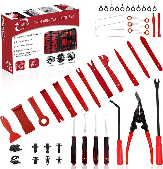 Trim Removal Tool, 200PCS Trim Tool Auto Removal Kit, Plastic Panel Fastener Removal Tool, Trim Removal Kit for Car/Trim/Panel/Door/Audio/Auto Clip Pliers/Terminal Removal Tool Kit (Red)