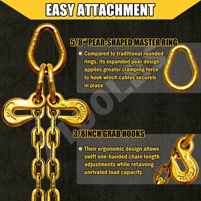 3/8" X 2' V-Type Tow Chain with 15 Inch J-Hooks and Grab Hooks, G80 Steel Towing Chain Bridle, Yellow Zinc Plated Tractor Car Wrecker Truck Tie, 7,100 Lbs Safe Working Load