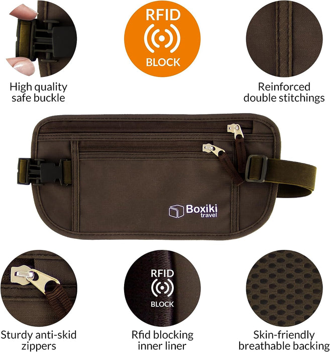 Money Belt - RFID Blocking Money Belt and Safe Waist Bag, Secure Fanny Pack for Men and Women, Fits Passport, Wallet, Phone and Personal Items. Running Belt, Waist Pack (Brown)